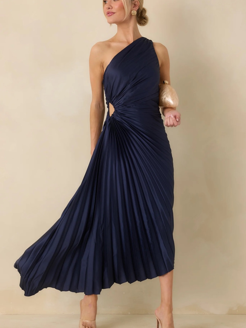 Olympia dress/poetic charm One-Shoulder Navy Assymetry Pleated Maxi Dress